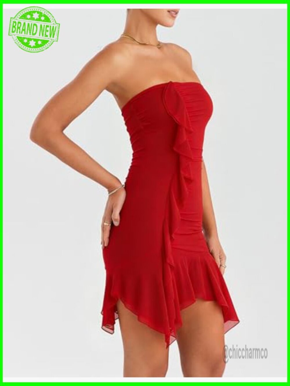 Strapless Tube Top Mesh Ruched Bodycon Ruffle Mini Dress - Picture 4 of 7